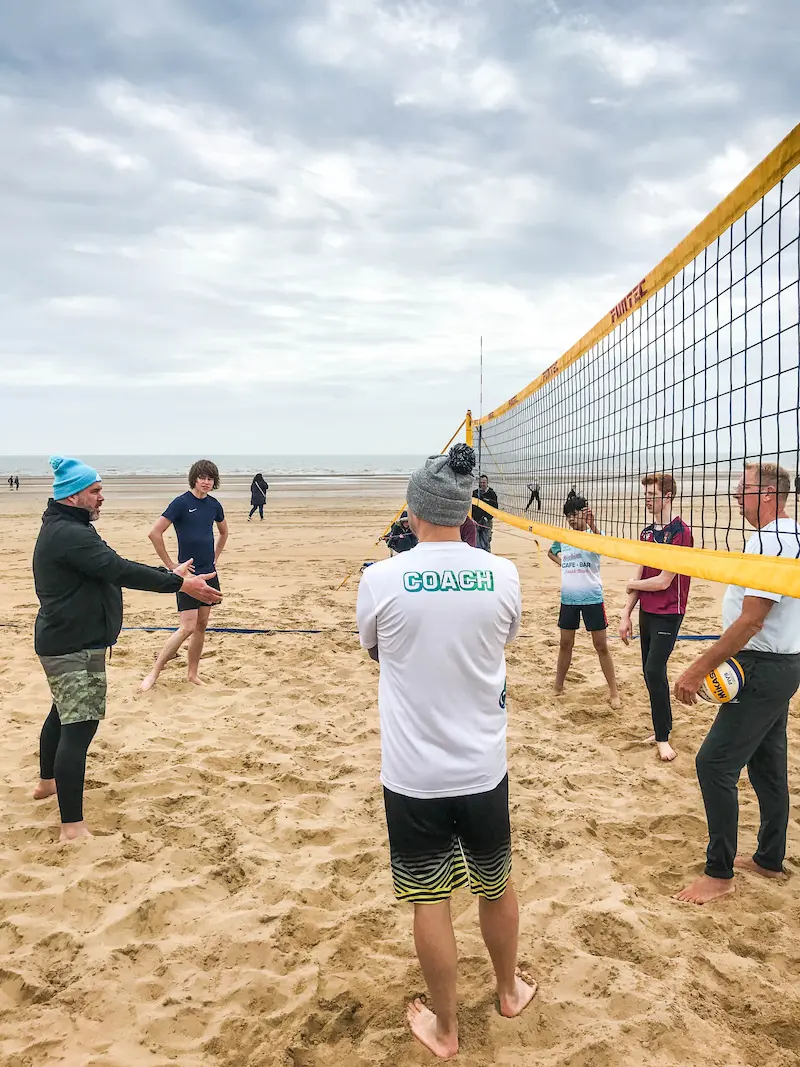 Beach volleyball passing drill on Bridlington sand